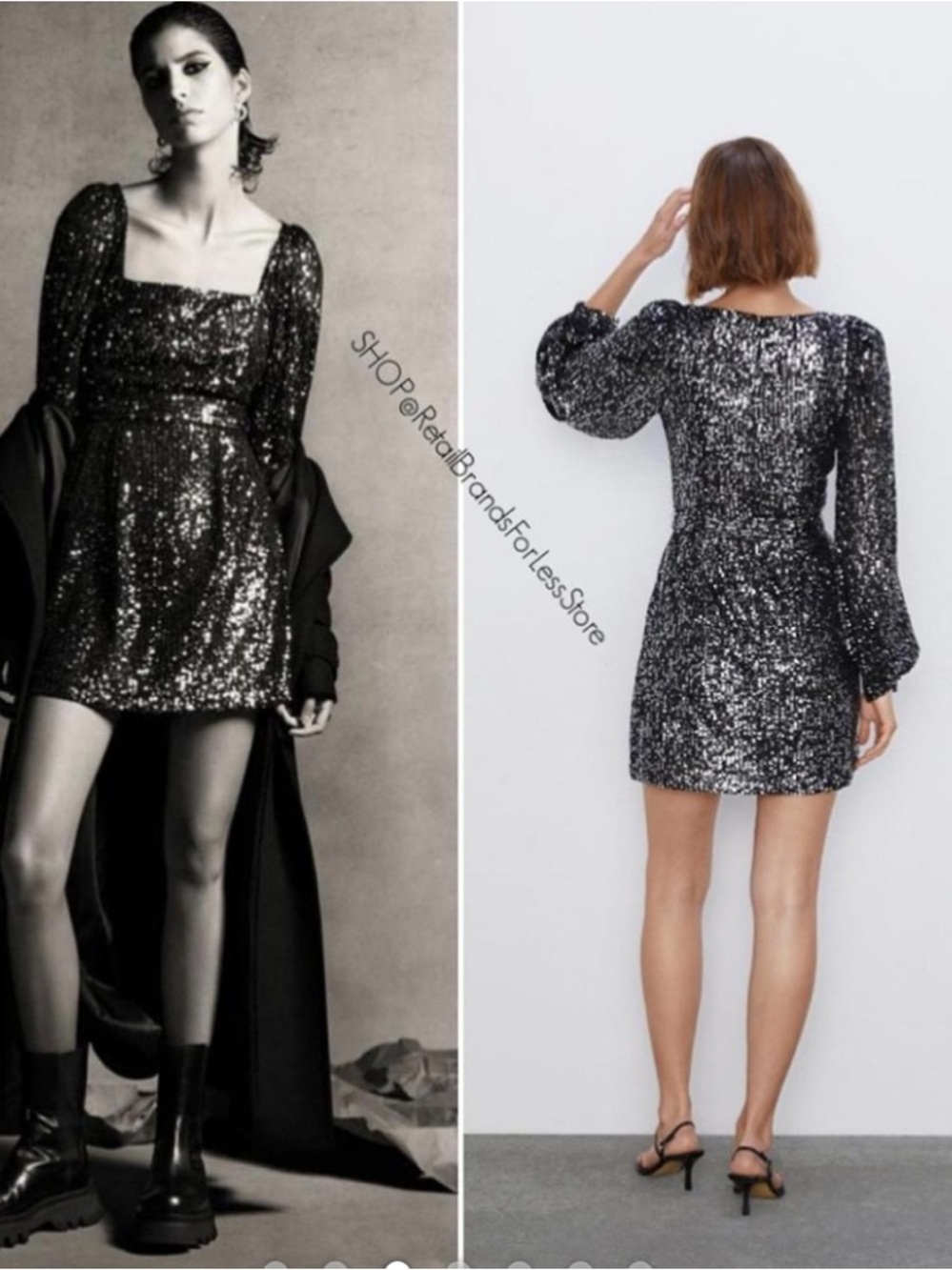 Zara Black Sequin Square Neck Puff-Sleeve Mini Dress with Tie Belt - Picture 2 of 7